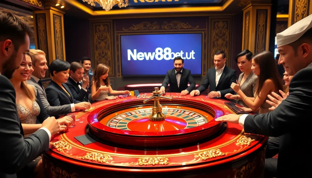 Excited players at a roulette table enjoying the experience at New88bet.us, showcasing vibrant casino action.
