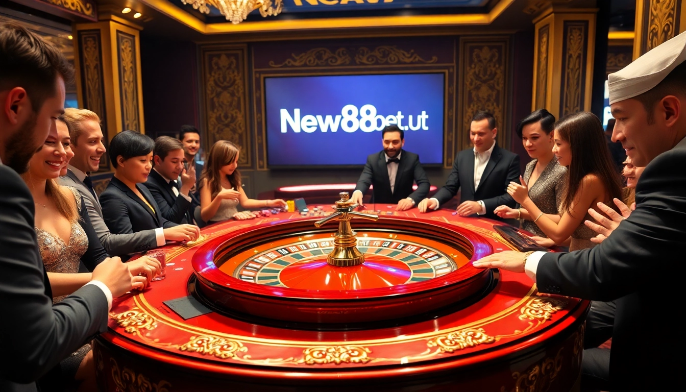 Excited players at a roulette table enjoying the experience at New88bet.us, showcasing vibrant casino action.