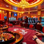 Exciting GK88 casino scene with poker table, roulette wheel, and slot machines in a luxurious setting.