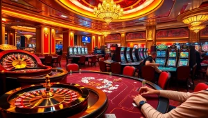 Exciting GK88 casino scene with poker table, roulette wheel, and slot machines in a luxurious setting.