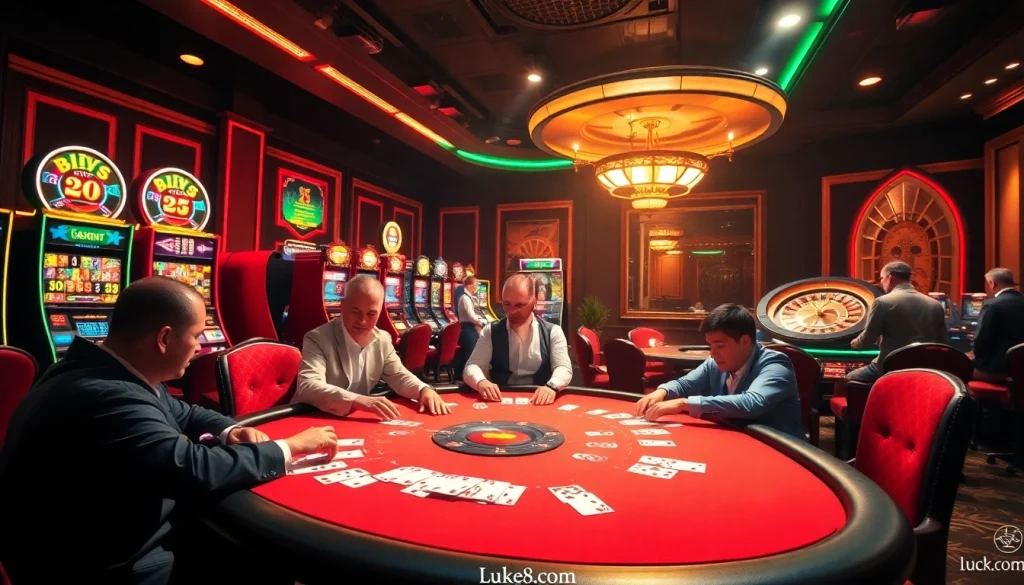 Tham gia trải nghiệm chơi game đầy kịch tính tại bàn poker sang trọng của luck8.com, được bao quanh bởi những máy đánh bạc đầy màu sắc.