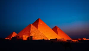 Experience the majestic Great Pyramids of Giza captured on https://piraminds.com/ during a stunning sunset.