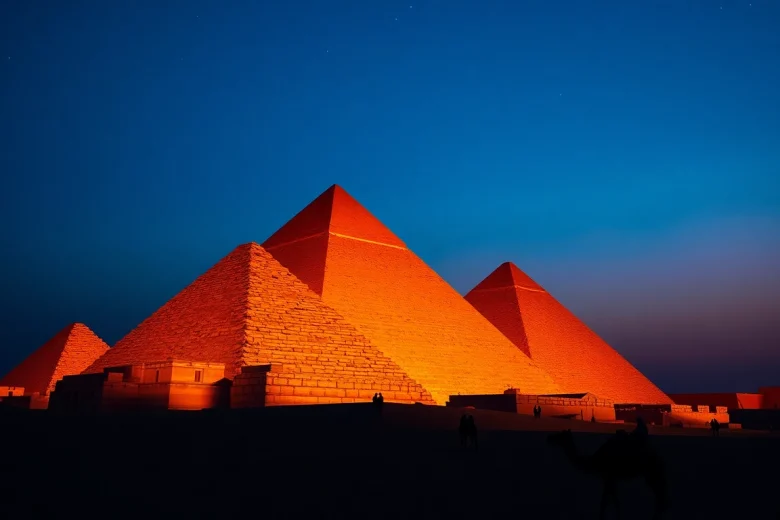 Experience the majestic Great Pyramids of Giza captured on https://piraminds.com/ during a stunning sunset.