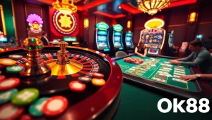 Engaging poker players and spinning roulette wheel at OK88 online casino.