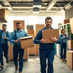Commercial Movers efficiently relocating office equipment in a busy workspace.