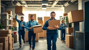 Commercial Movers efficiently relocating office equipment in a busy workspace.