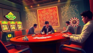 Pemain sedang bermain di meja kasino, merasakan kegembiraan judi depo 5k dengan chip berwarna-warni dan kartu.