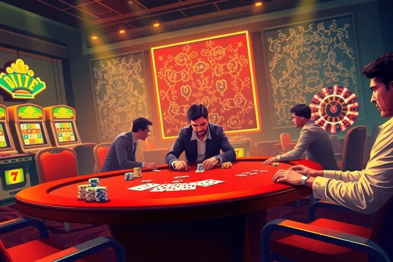 Pemain sedang bermain di meja kasino, merasakan kegembiraan judi depo 5k dengan chip berwarna-warni dan kartu.