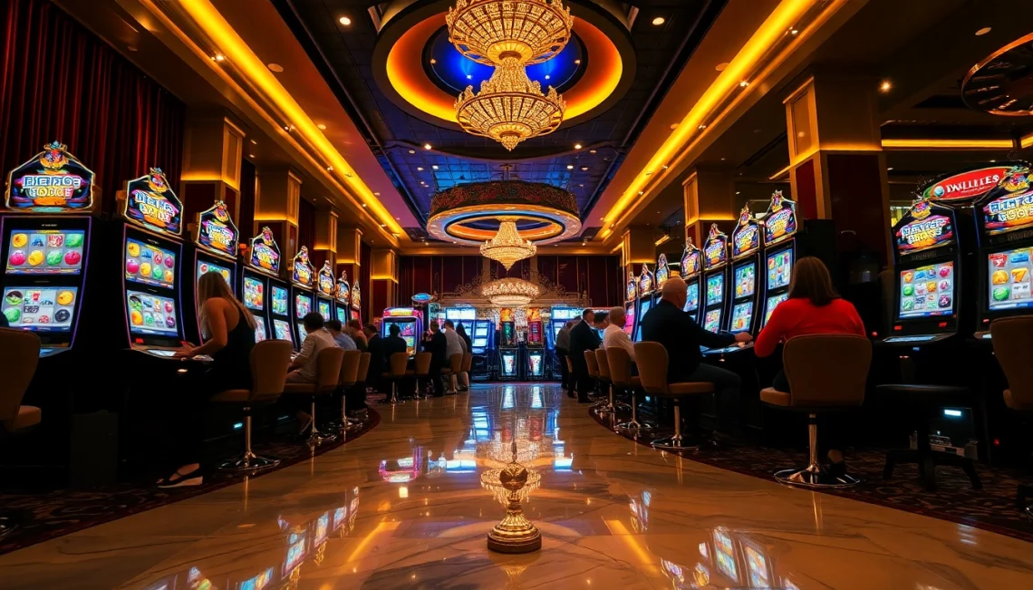 Pemain yang terlibat menikmati pengalaman taruhan slot 100 yang hidup di lingkungan kasino mewah.