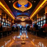 Pemain yang terlibat menikmati pengalaman taruhan slot 100 yang hidup di lingkungan kasino mewah.