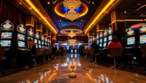 Pemain yang terlibat menikmati pengalaman taruhan slot 100 yang hidup di lingkungan kasino mewah.