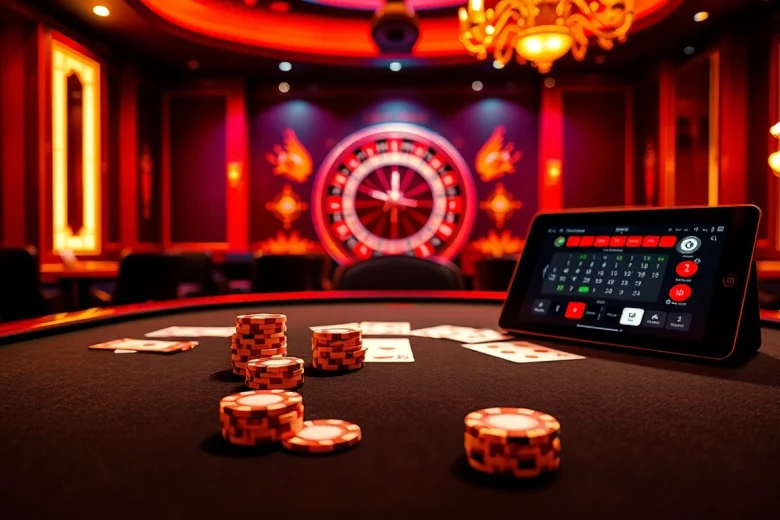 Experience the excitement at https://uu88ae.com/ with a vibrant casino scene showcasing poker and roulette.