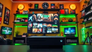 Review Xbox Series X game reviews in a vibrant gaming setting with a high-end console.