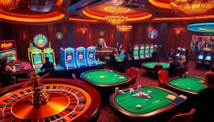 A vibrant casino scene showcasing high-stakes excitement and hidden wiki 2 elements like roulette and slot machines.
