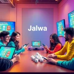 Exciting Jalwa lottery scene showing players engaging on various devices for online gaming.
