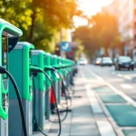 Explore EV charging solutions with a modern station in an urban environment, showcasing sleek technology and sustainability.