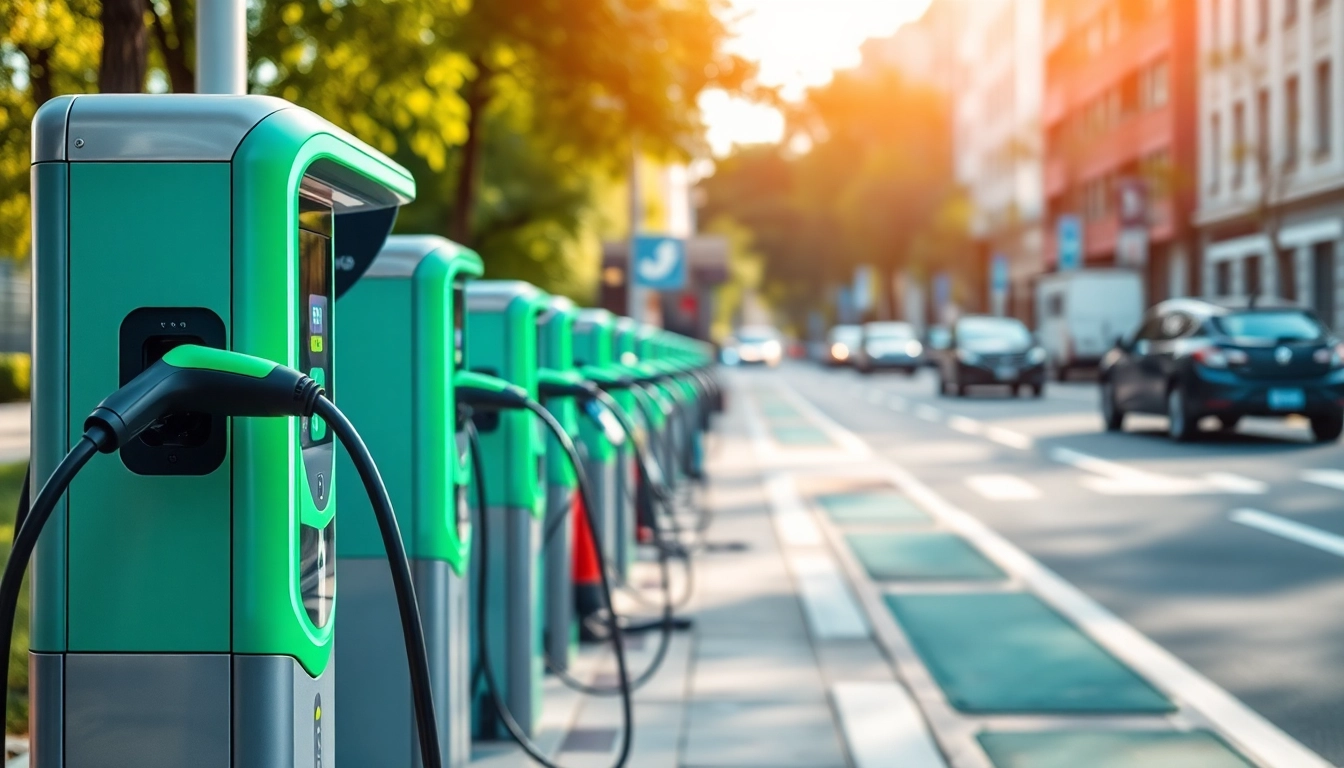 Explore EV charging solutions with a modern station in an urban environment, showcasing sleek technology and sustainability.