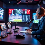 Engaging sports broadcasting commentary in a professional studio setup, showcasing vibrant analytics and live gameplay.