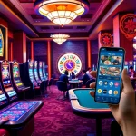 Exciting casino scene showcasing apk jaya app among slot machines and poker tables, highlighting gambling action.