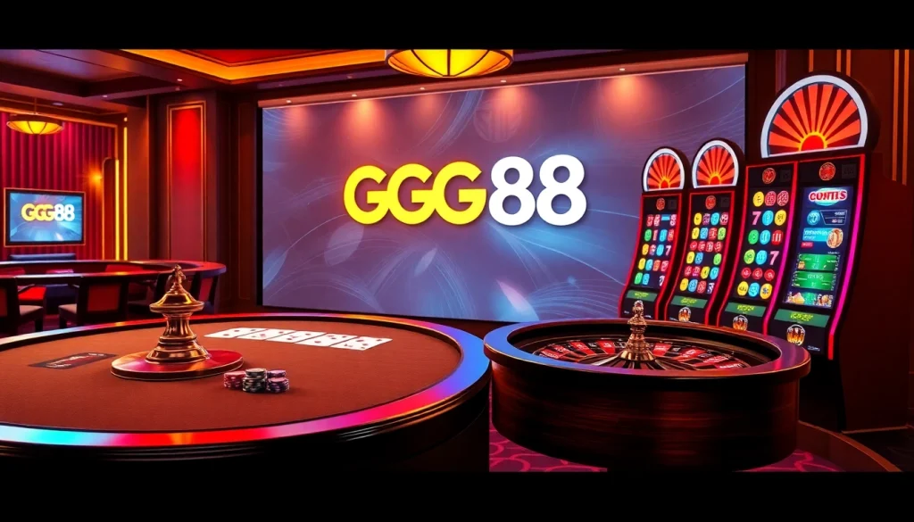 Exciting GG88 online casino scene with a vibrant poker table and spinning slot machines.