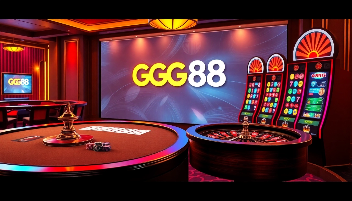 Exciting GG88 online casino scene with a vibrant poker table and spinning slot machines.