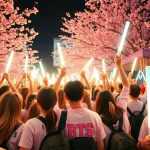 Engage with vibrant BTS news gathering of enthusiastic fans celebrating their favorite group.