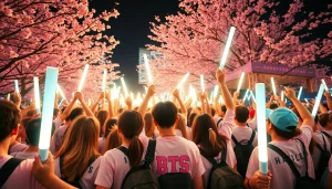 Engage with vibrant BTS news gathering of enthusiastic fans celebrating their favorite group.