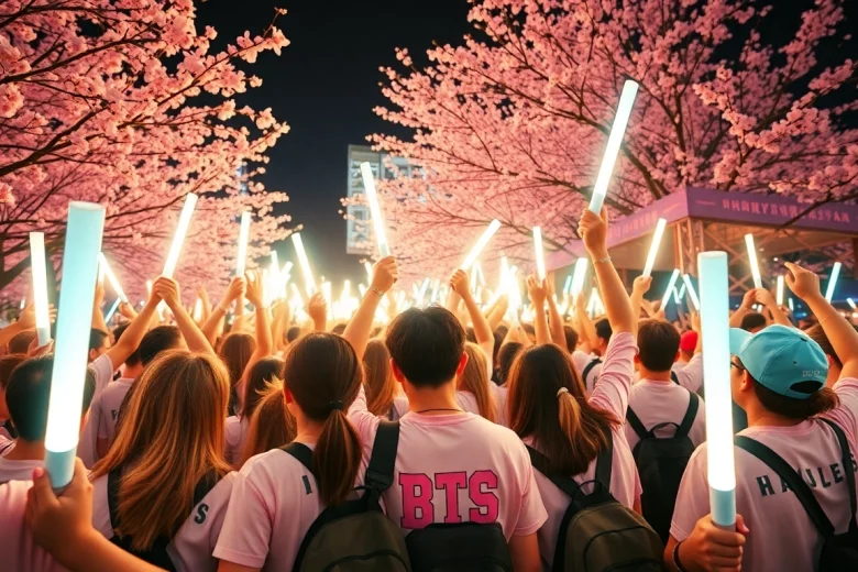 Engage with vibrant BTS news gathering of enthusiastic fans celebrating their favorite group.