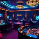 BRABET offers an exhilarating poker game experience with colorful chips and engaging players in a luxurious casino setting.