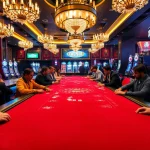 IWIN68 gaming table with excited players engaging in high-stakes card games, showcasing luxury and fun.