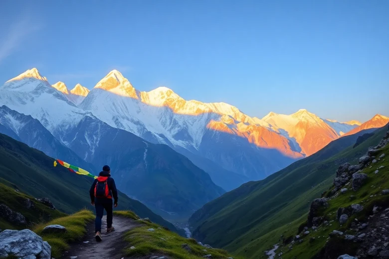Stunning view of the Manaslu Circuit with a trekker, showcasing Mount Manaslu at dawn.