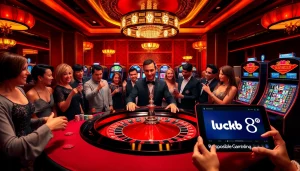 Experience thrilling gameplay at luck8 casino with poker chips and roulette table.