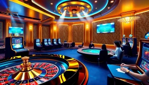 Tobet88 online casino showcasing vibrant game action with poker tables and roulette wheels.