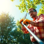 Man expertly using the best electric pole saw for tree trimming in a sunlit backyard, highlighting safety and efficiency.