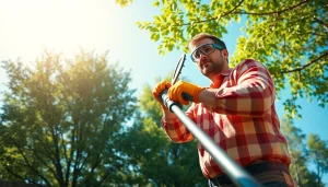 Man expertly using the best electric pole saw for tree trimming in a sunlit backyard, highlighting safety and efficiency.