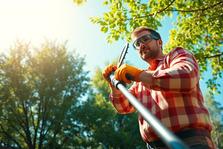 Man expertly using the best electric pole saw for tree trimming in a sunlit backyard, highlighting safety and efficiency.