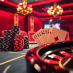 A dynamic gaming scene at the iwin club, featuring poker chips, cards, and a roulette wheel.