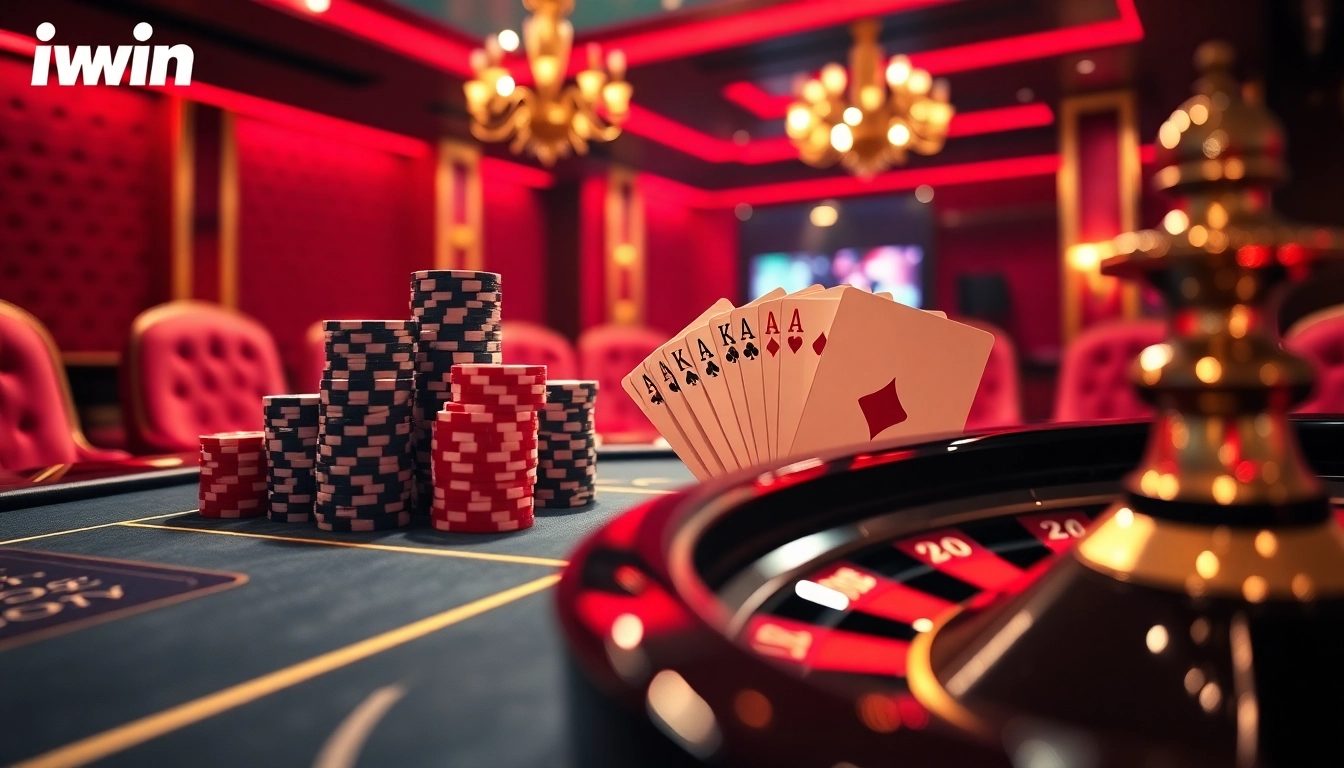 A dynamic gaming scene at the iwin club, featuring poker chips, cards, and a roulette wheel.