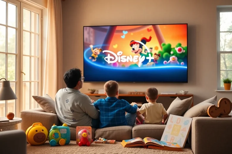 自宅で ディズニープラス 英語学習 を活用する家族の学習風景