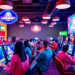 LAGAGAME77 gaming atmosphere with diverse players enjoying interactive screens in a vibrant environment.