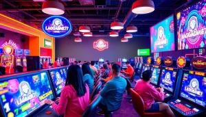 LAGAGAME77 gaming atmosphere with diverse players enjoying interactive screens in a vibrant environment.