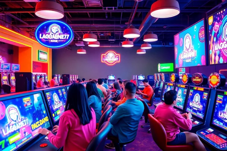 LAGAGAME77 gaming atmosphere with diverse players enjoying interactive screens in a vibrant environment.