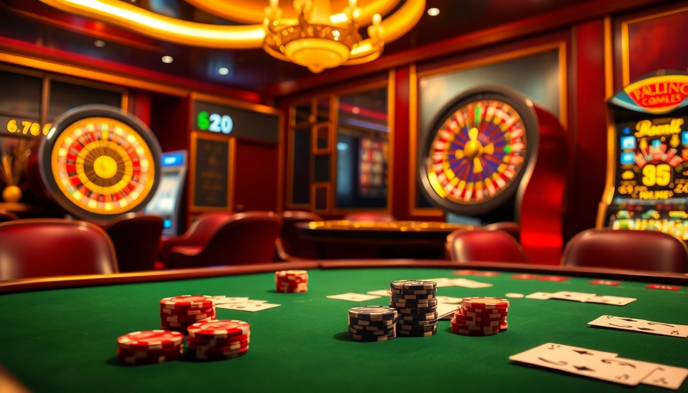SboBet players engaged in an exciting casino scene with poker chips and roulette wheel.
