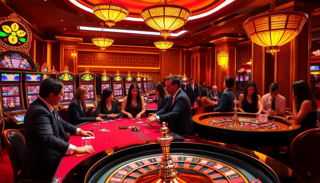 Gamblers enjoying the excitement of k9k9 at a luxurious casino blackjack table combined with slot machines.