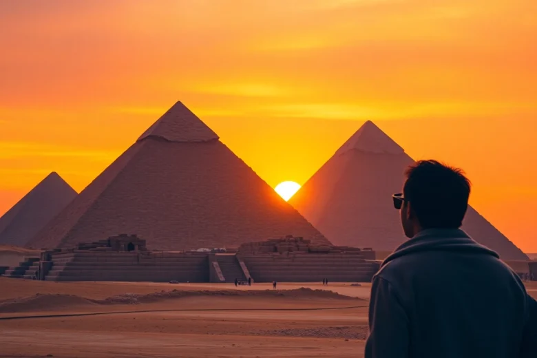 Discover the grandeur of the Great Pyramids of Giza at sunset on https://piraminds.com/.