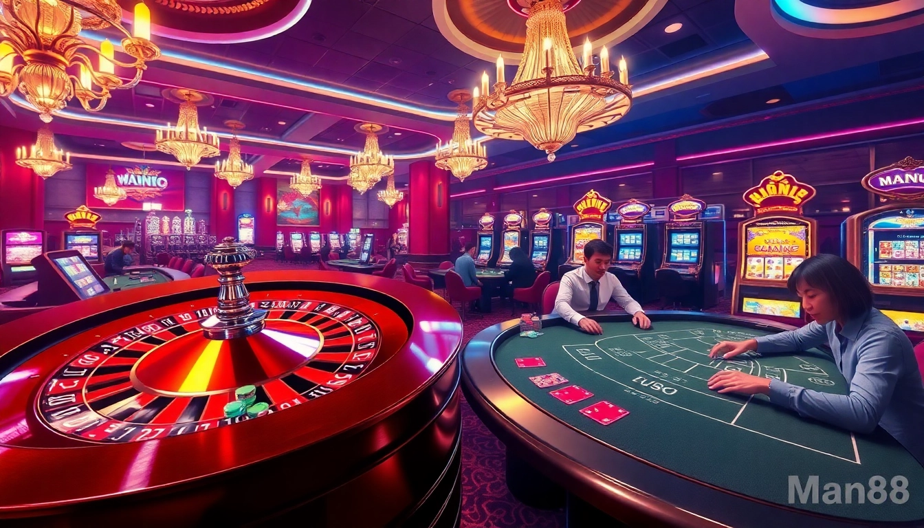 Experience thrilling games at Man88's luxurious casino floor featuring roulette and blackjack tables.