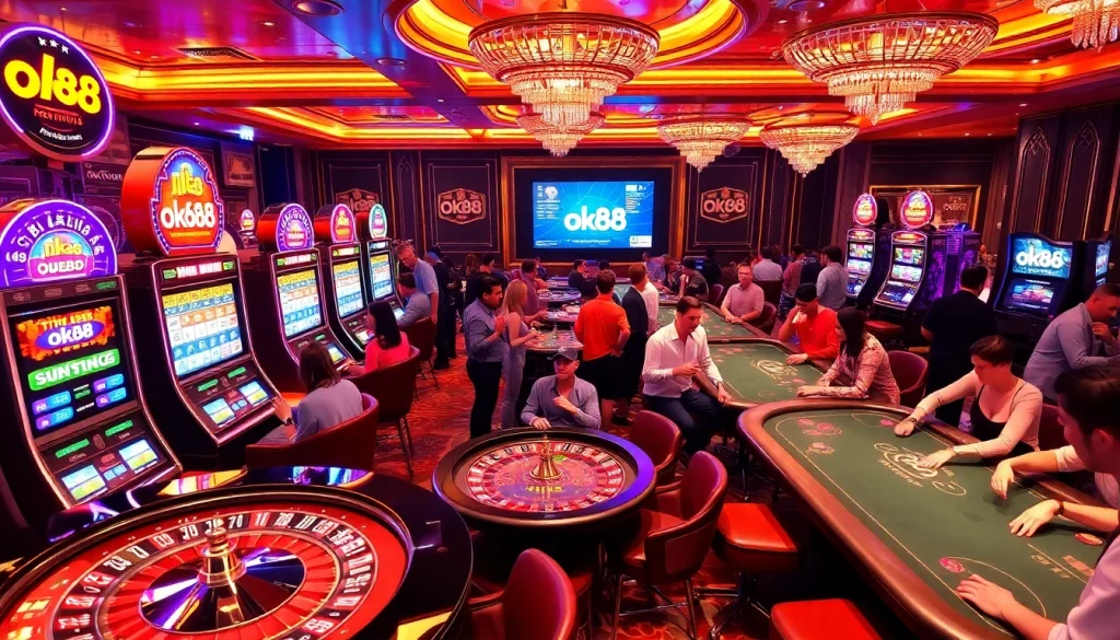 Experience thrilling gameplay at ok88 with vibrant slot machines and a packed poker table.