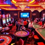 Experience thrilling gameplay at ok88 with vibrant slot machines and a packed poker table.