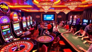 Experience thrilling gameplay at ok88 with vibrant slot machines and a packed poker table.