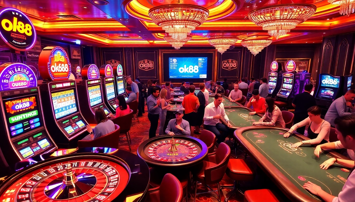 Experience thrilling gameplay at ok88 with vibrant slot machines and a packed poker table.